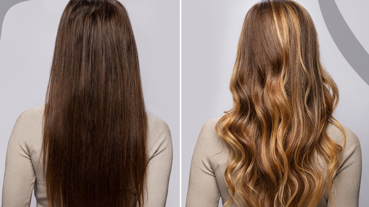 Montagem de antes e depois de uma transformação capilar completa realizada no salão de alto padrão Shandara Beauty em Campinas.
