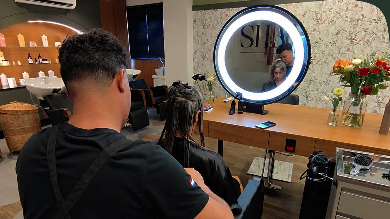Ambiente interno sofisticado e luxuoso de um salão de beleza premium em Campinas.