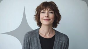 Mulher na faixa dos 30 anos com corte de cabelo long bob moderno e elegante.